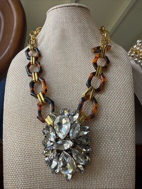 J. Crew Tortoiseshell Link Necklace with Clear Crystal Cluster - unsigned - 20”